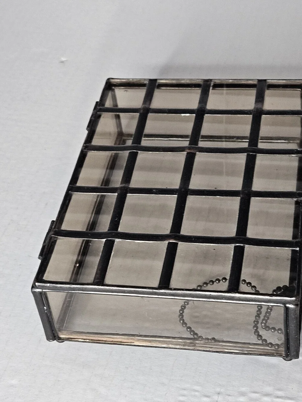 Vintage Beveled Glass and Metal Jewery/ Trinket Box Partitioned Grid Lid Hinged